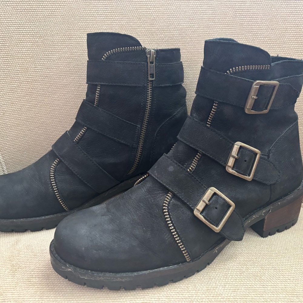 Triple Buckle Black Moto Boots